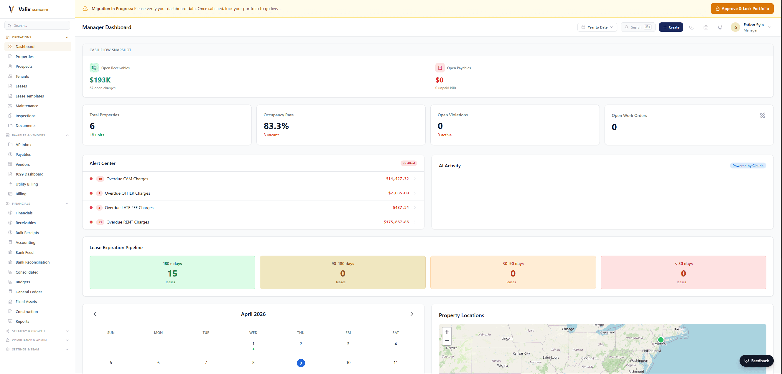 Valix Property Management dashboard — enterprise-grade overview of properties, tenants, and financials