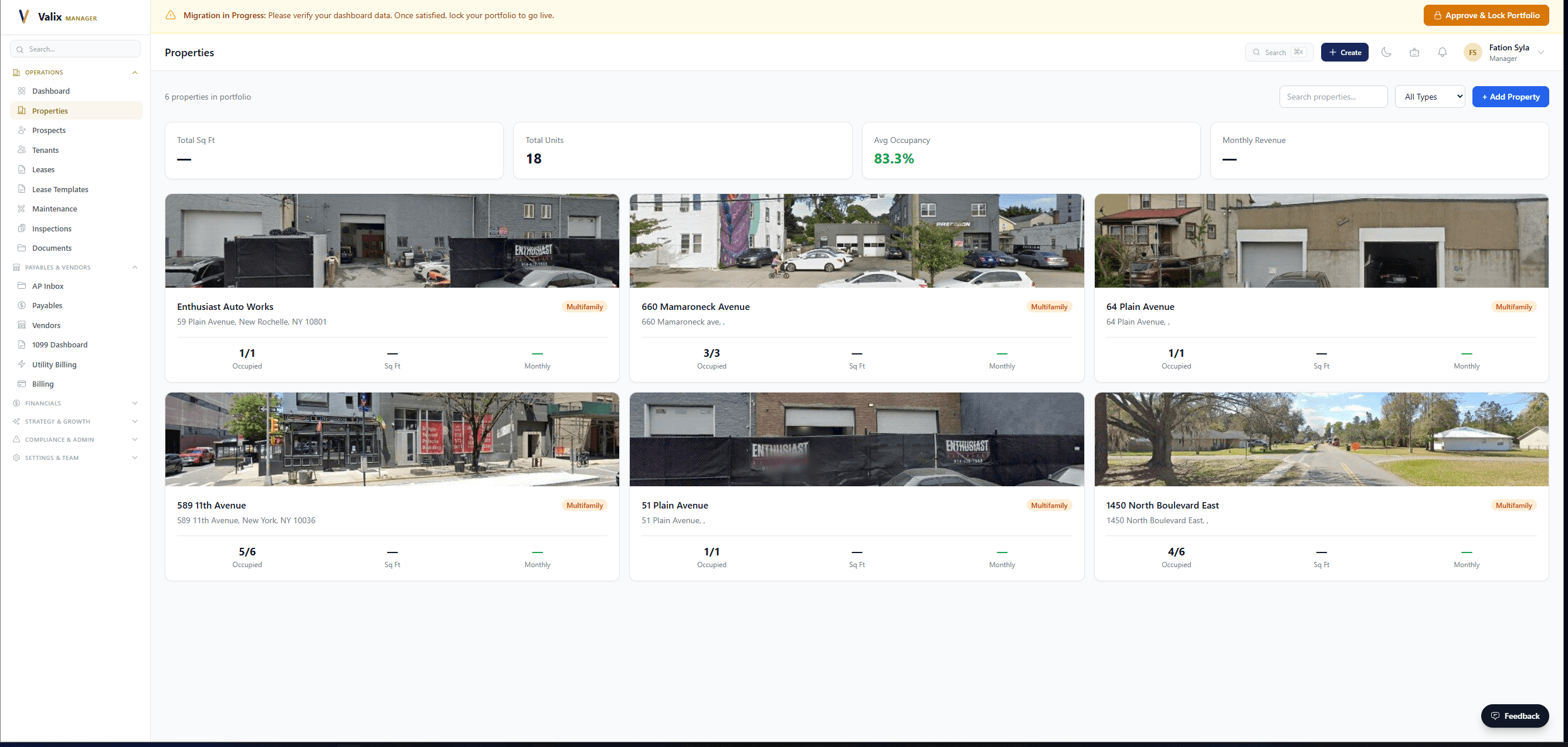 Valix Property Management — main enterprise dashboard showing portfolio overview, occupancy, and financial KPIs